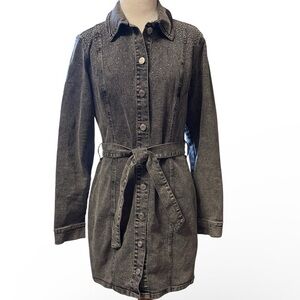 Studded Gray Button Down Denim Dress with Belt